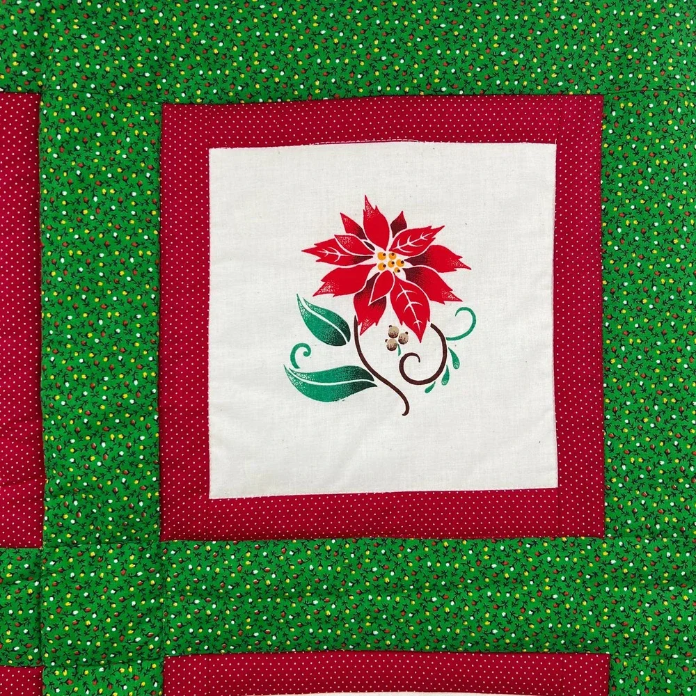 Vintage Handmade Square Quilt Christmas Sleigh Santa Reindeer‎ Poinsettia